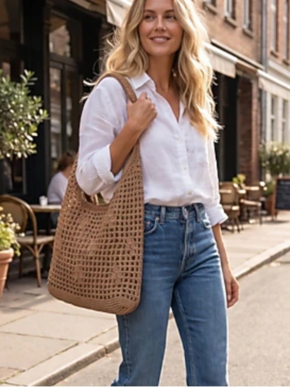 Woven Open-Weave Tote Bag in Tan